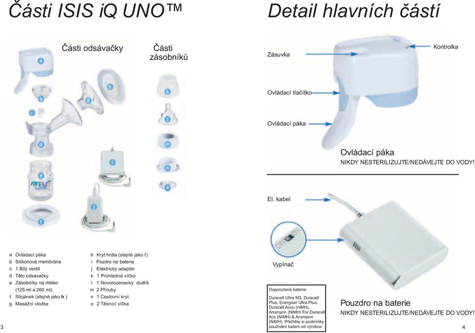 Novorozenecký dudlík Vypínaè (125 ml a 260 ml) m 2 Pøíruby Doporuèené baterie: 3 f Stojánek (stejné jako h ) g Masážní vložka n 1 Cestovní kryt o 2 Tìsnící víèka Duracell Ultra M3, Duracell