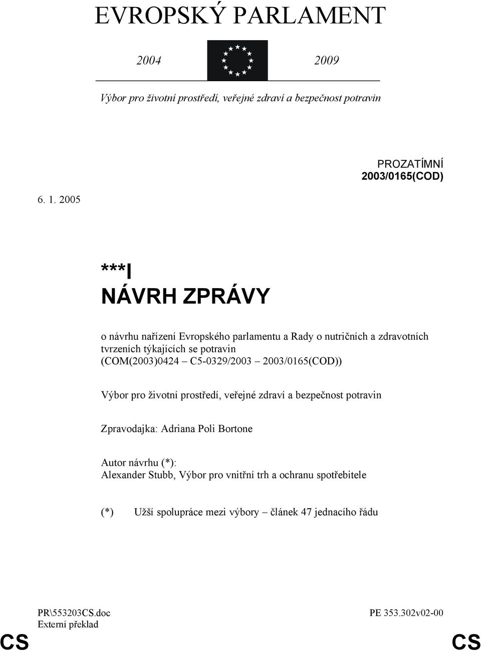 C5-0329/2003 2003/0165(COD)) Výbor pro životní prostředí, veřejné zdraví a bezpečnost potravin Zpravodajka: Adriana Poli Bortone Autor návrhu