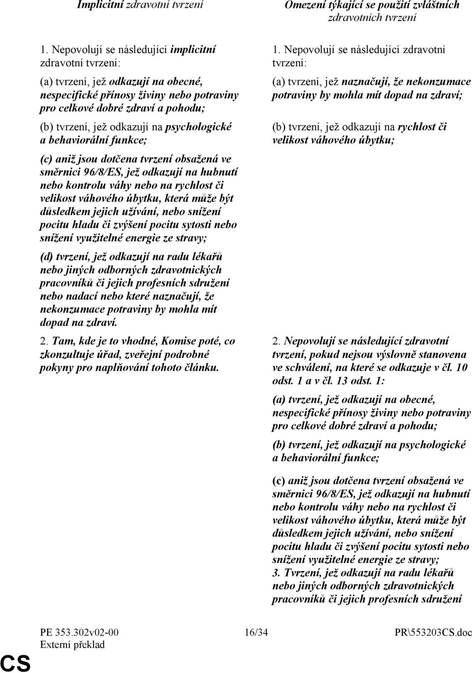 psychologické a behaviorální funkce; (c) aniž jsou dotčena tvrzení obsažená ve směrnici 96/8/ES, jež odkazují na hubnutí nebo kontrolu váhy nebo na rychlost či velikost váhového úbytku, která může