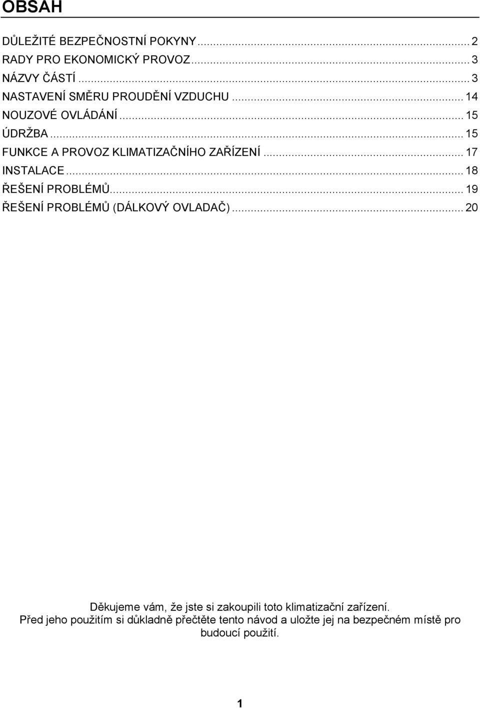 .. 15 FUNKCE A PROVOZ KLIMATIZAČNÍHO ZAŘÍZENÍ... 17 INSTALACE... 18 ŘEŠENÍ PROBLÉMŮ.