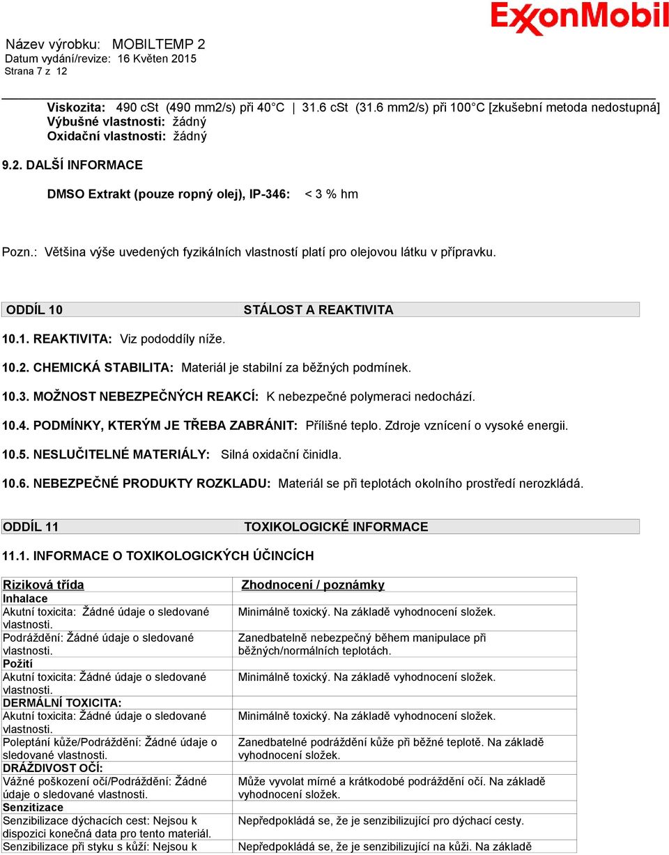 CHEMICKÁ STABILITA: Materiál je stabilní za běžných podmínek. 10.3. MOŽNOST NEBEZPEČNÝCH REAKCÍ: K nebezpečné polymeraci nedochází. 10.4. PODMÍNKY, KTERÝM JE TŘEBA ZABRÁNIT: Přílišné teplo.