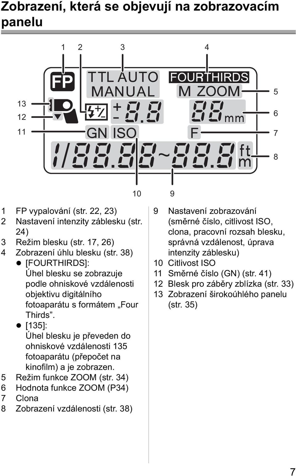 [135]: Úhel blesku je převeden do ohniskové vzdálenosti 135 fotoaparátu (přepočet na kinofi lm) a je zobrazen. 5 Režim funkce ZOOM (str.