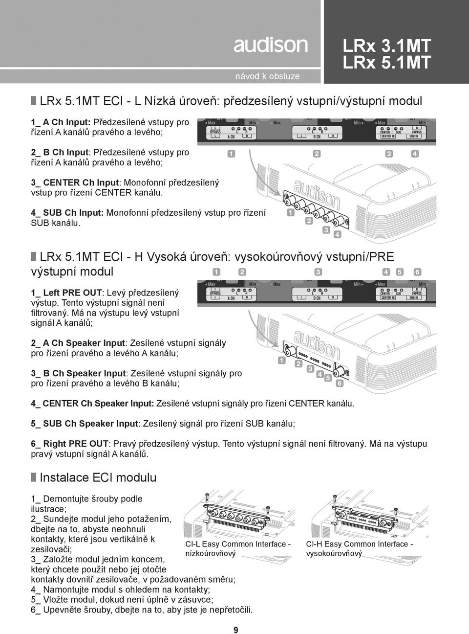 I ECI - H Vysoká úroveň: vysokoúrovňový vstupní/pre výstupní modul 1_ Left PRE OUT: Levý předzesílený výstup. Tento výstupní signál není filtrovaný.