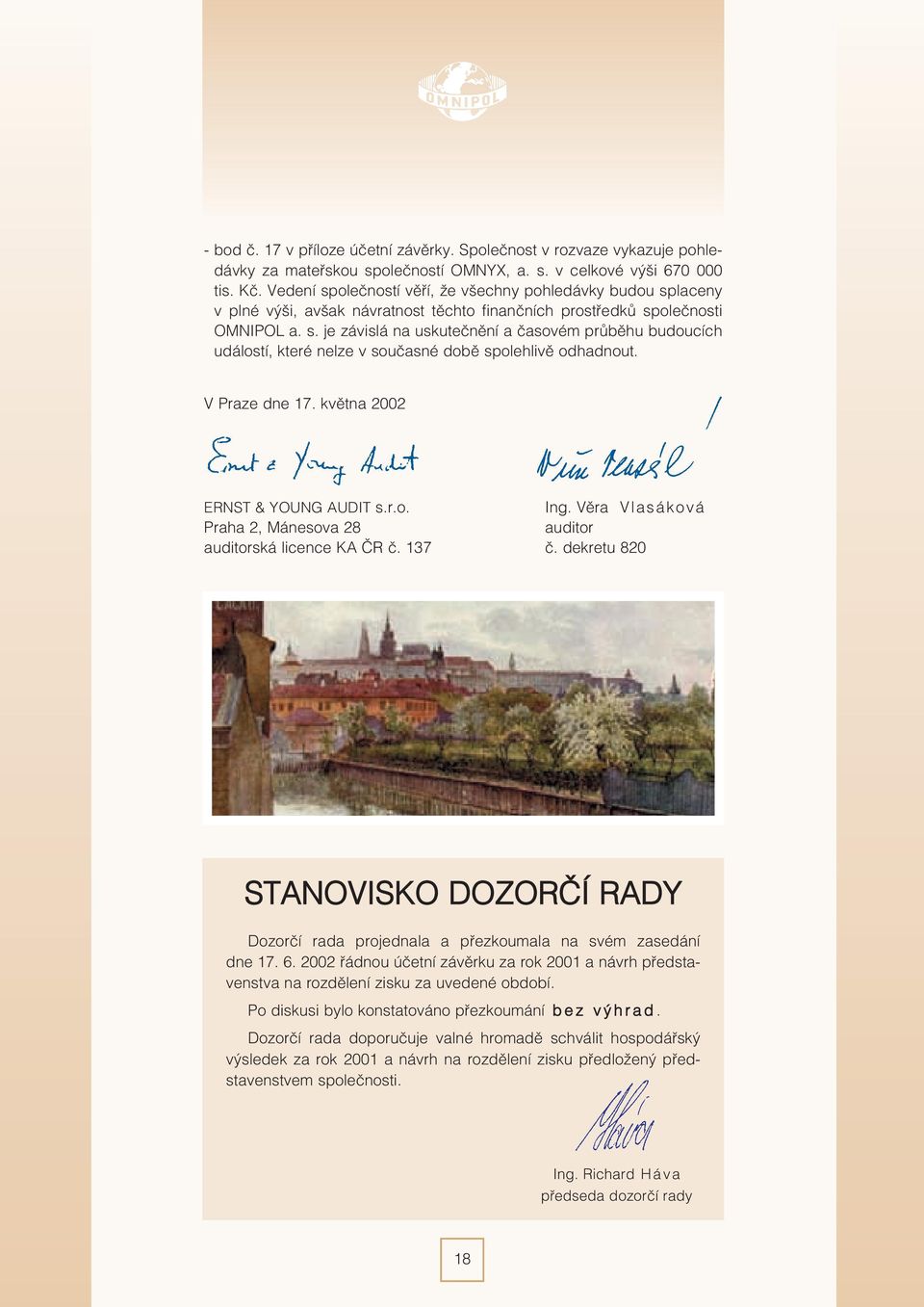 V Praze dne 17. kvìtna 2002 ERNST & YOUNG AUDIT s.r.o. Praha 2, Mánesova 28 auditorská licence KA ÈR è. 137 Ing. Vìra Vlasáková auditor è.