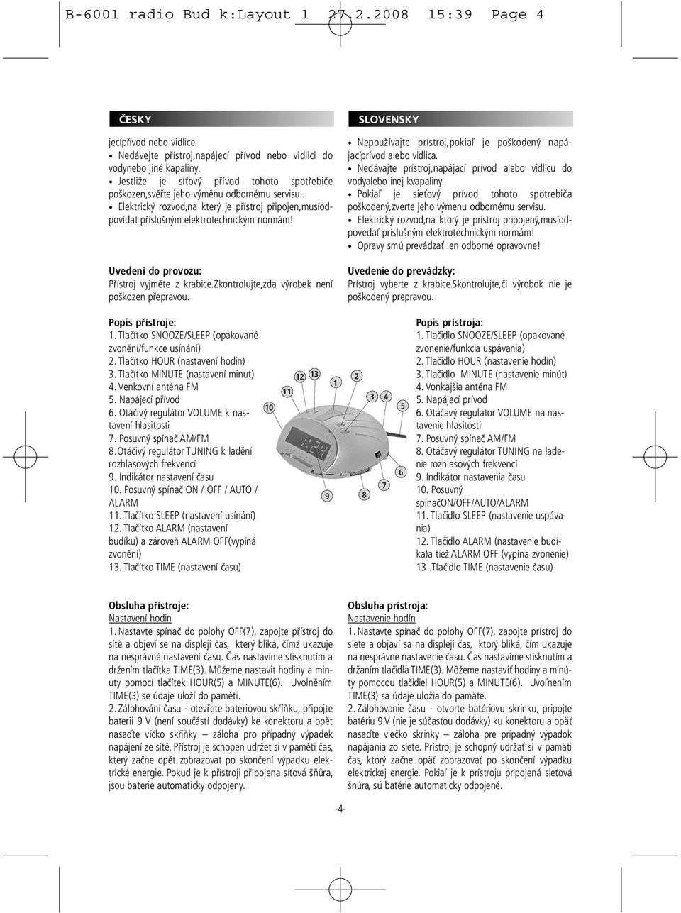 Uvedení do provozu: Přístroj vyjměte z krabice.zkontrolujte,zda výrobek není poškozen přepravou. Nepoužívajte prístroj,pokiaľ je poškodený napájacíprívod alebo vidlica.