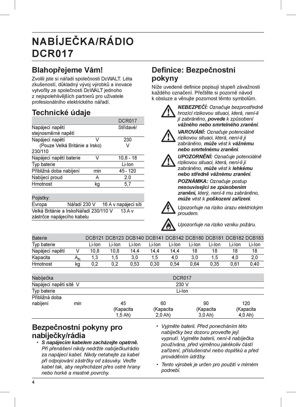 Technické údaje DCR017 Napájecí napětí Střídavé/ stejnosměrné napětí Napájecí napětí V 230 (Pouze Velká Británie a Irsko) V 230/110 Napájecí napětí baterie V 10,8-18 Typ baterie Li-Ion Přibližná doba