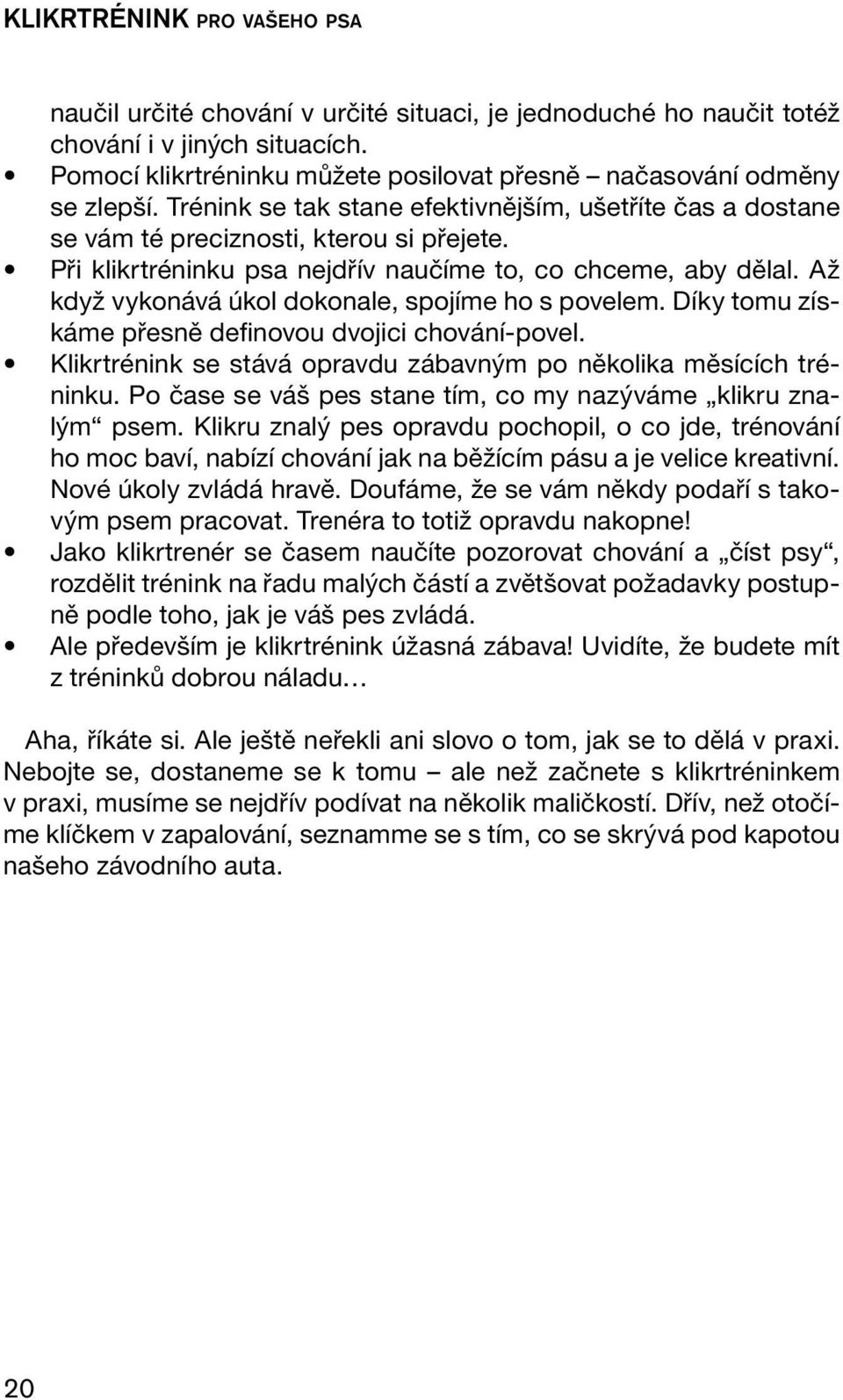 Při klikrtréninku psa nejdřív naučíme to, co chceme, aby dělal. Až když vykonává úkol dokonale, spojíme ho s povelem. Díky tomu získáme přesně definovou dvojici chování-povel.