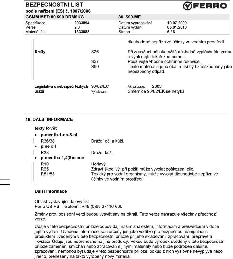 DALŠÍ INFORMACE texty R-vět p-menth-1-en-8-ol R36/38 Dráždí oči a kůži. pine oil R38 Dráždí kůži. p-mentha-1,4(8)diene R10 Hořlavý. R65 Zdraví škodlivý: při požití může vyvolat poškození plic.