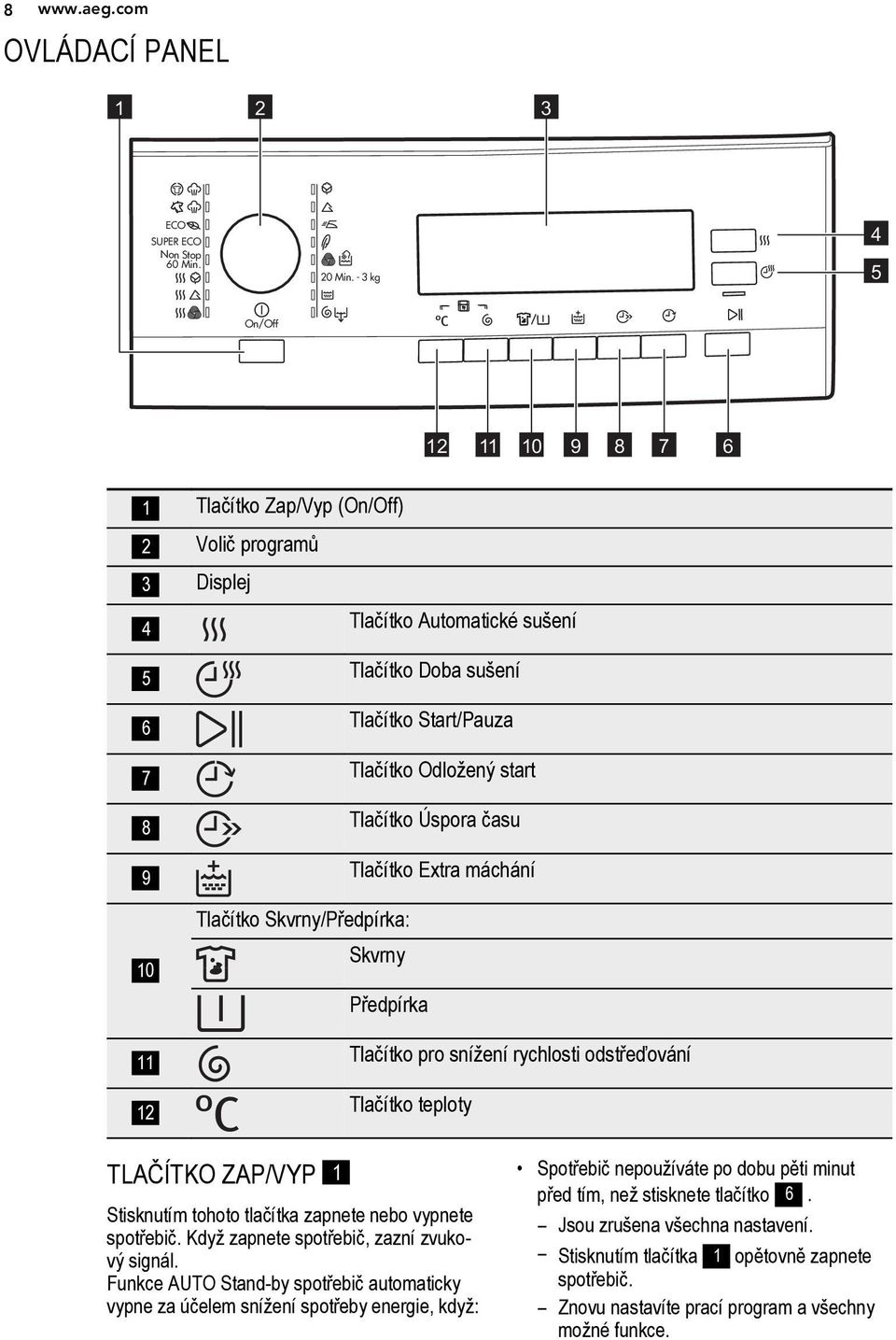 Tlačítko Úspora času 9 Tlačítko Extra máchání Tlačítko Skvrny/Předpírka: Skvrny 10 Předpírka 11 Tlačítko pro snížení rychlosti odstřeďování 12 Tlačítko teploty TLAČÍTKO ZAP/VYP 1 Stisknutím tohoto