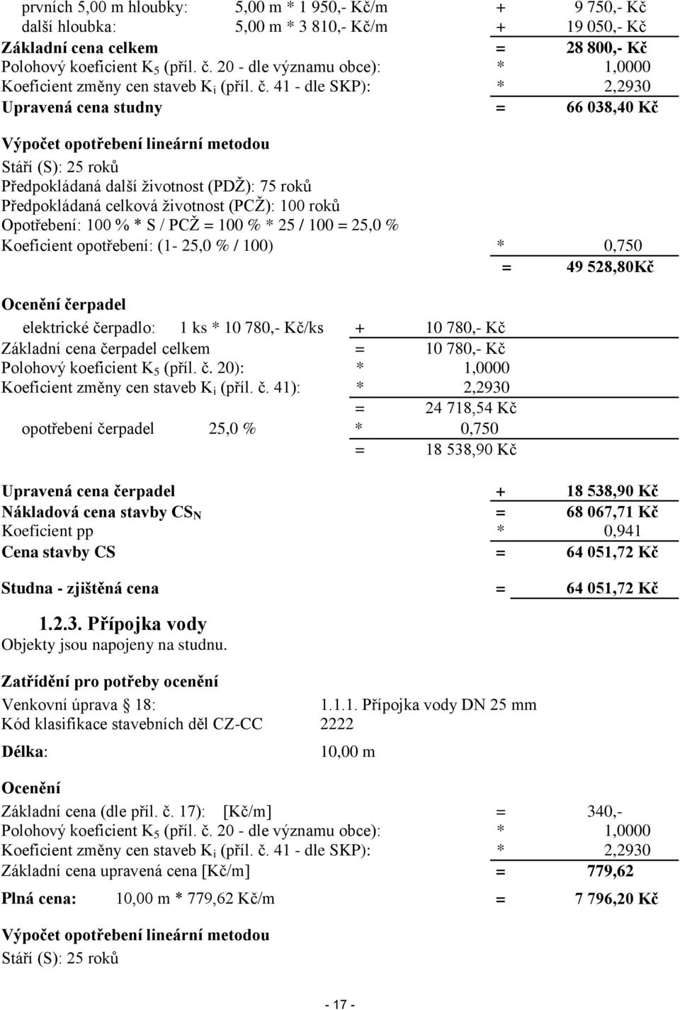 41 - dle SKP): * 2,2930 Upravená cena studny = 66 038,40 Kč Výpočet opotřebení lineární metodou Stáří (S): 25 roků Předpokládaná další životnost (PDŽ): 75 roků Předpokládaná celková životnost (PCŽ):