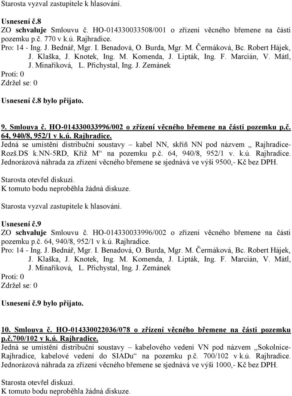 nn-5rd, Kříž M na pozemku p.č. 64, 940/8, 952/1 v. k.ú. Rajhradice. Jednorázová náhrada za zřízení věcného břemene se sjednává ve výši 9500,- Kč bez DPH. Usnesení č.9 ZO schvaluje Smlouvu č.