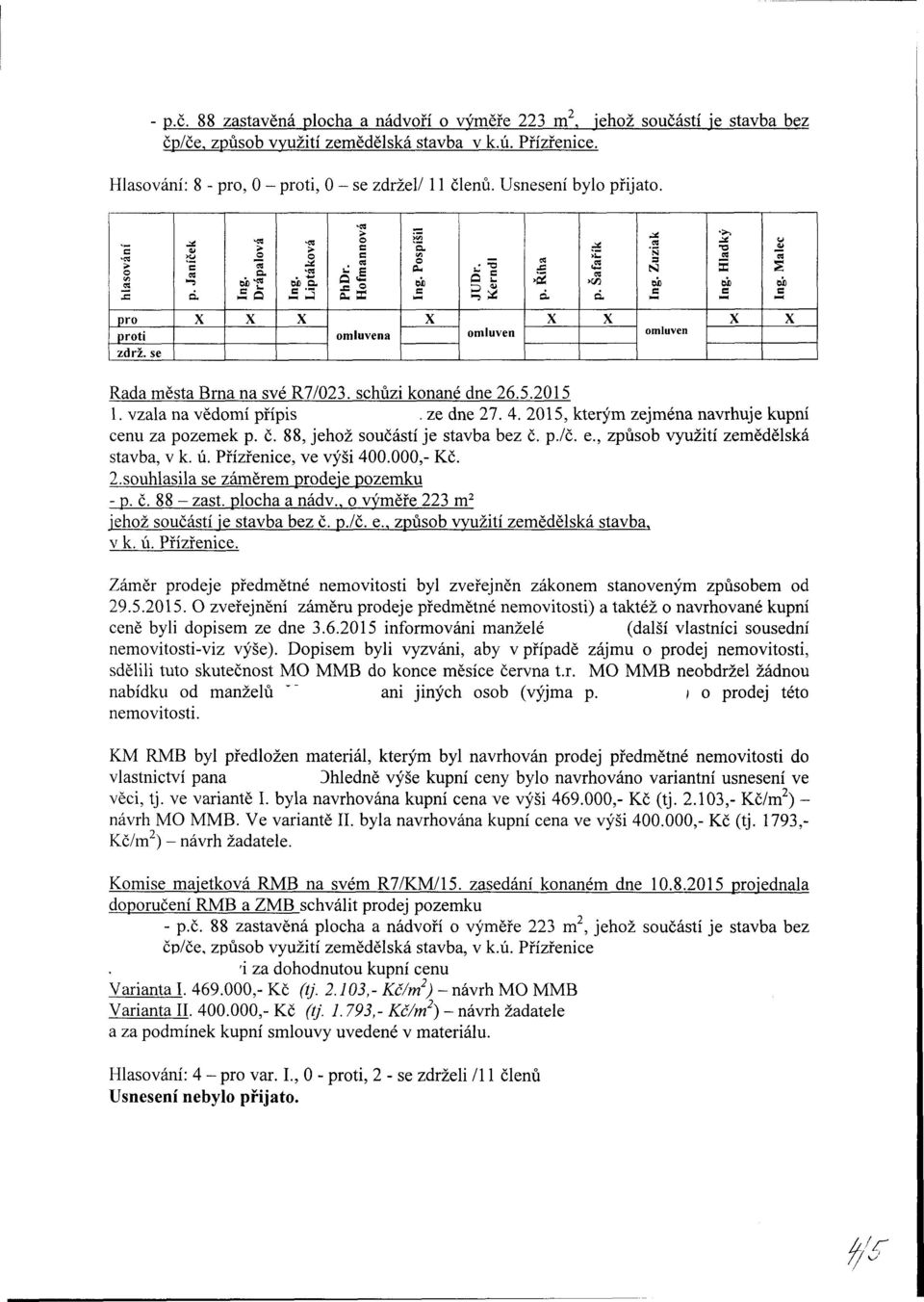 vzala na vědomí připiš. ze dne 27. 4. 2015, kterým zejména navrhuje kupní cenu za pozemek p. č. 88, jehož součástí je stavba bez č. p./č. e., způsob využití zemědělská stavba, v k. ú.