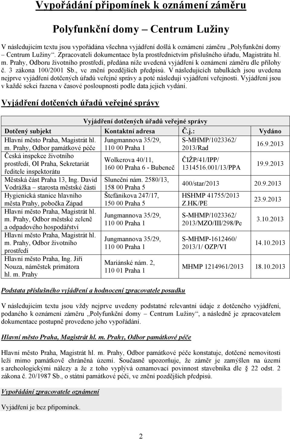 3 zákona 100/2001 Sb., ve znění pozdějších předpisů. V následujících tabulkách jsou uvedena nejprve vyjádření dotčených úřadů veřejné správy a poté následují vyjádření veřejnosti.