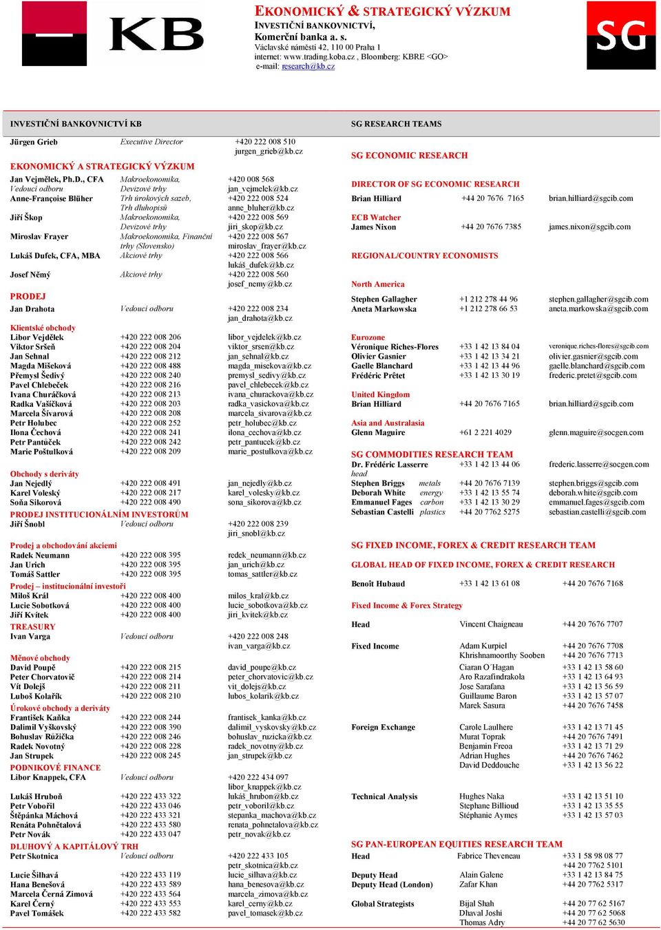 cz DIRECTOR OF SG ECONOMIC RESEARCH Anne-Françoise Blüher Trh úrokových sazeb, +420 222 008 524 Brian Hilliard +44 20 7676 7165 brian.hilliard@sgcib.com Trh dluhopisů anne_bluher@kb.