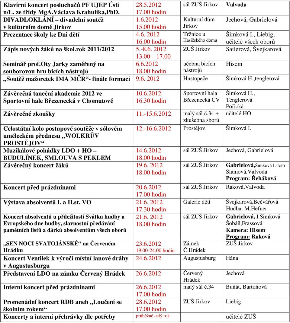 00 hodin Hasičského domu učitelé všech oborů Zápis nových žáků na škol.rok 2011/2012 5.-8.6.