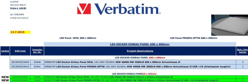 LED Decken Einbau Panel PRISMA OPTIK 100-240V 50/60Hz 45W 4000K NW 3800LM 600 x 600mm Schutzklasse II UGR >19 (Arbeitsplatz tauglich) 2 LED DECKEN EINBAU PANEL 625 x 625mm NEW 0023942524427 52442