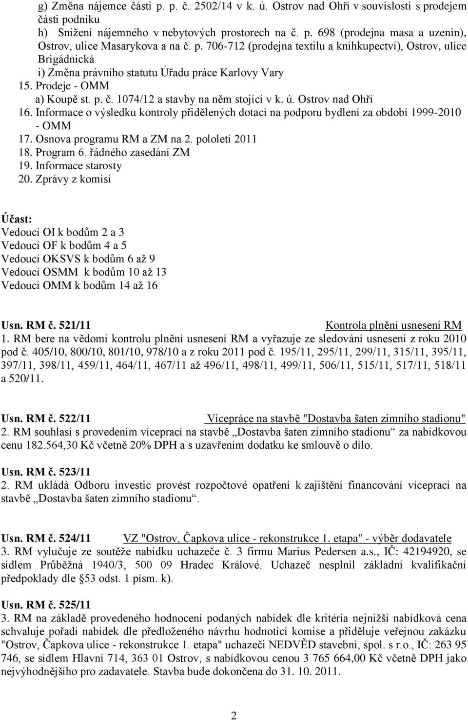 Ostrov nad Ohří 16. Informace o výsledku kontroly přidělených dotací na podporu bydlení za období 1999-2010 - OMM 17. Osnova programu RM a ZM na 2. pololetí 2011 18. Program 6. řádného zasedání ZM 19.