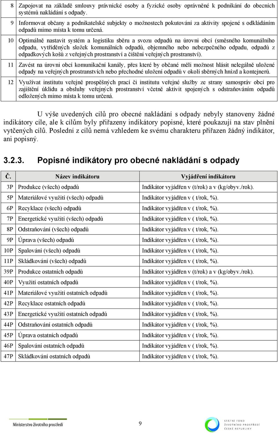 10 Optimálně nastavit systém a logistiku sběru a svozu odpadů na úrovni obcí (směsného komunálního odpadu, vytříděných složek komunálních odpadů, objemného nebo nebezpečného odpadu, odpadů z