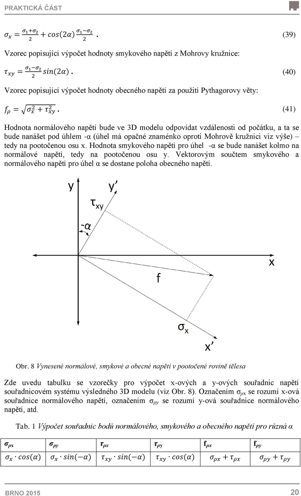 (41) Hodnota normálového napětí bude ve 3D modelu odpovídat vzdálenosti od počátku, a ta se bude nanášet pod úhlem -α (úhel má opačné znaménko oproti Mohrově kružnici viz výše) tedy na pootočenou osu
