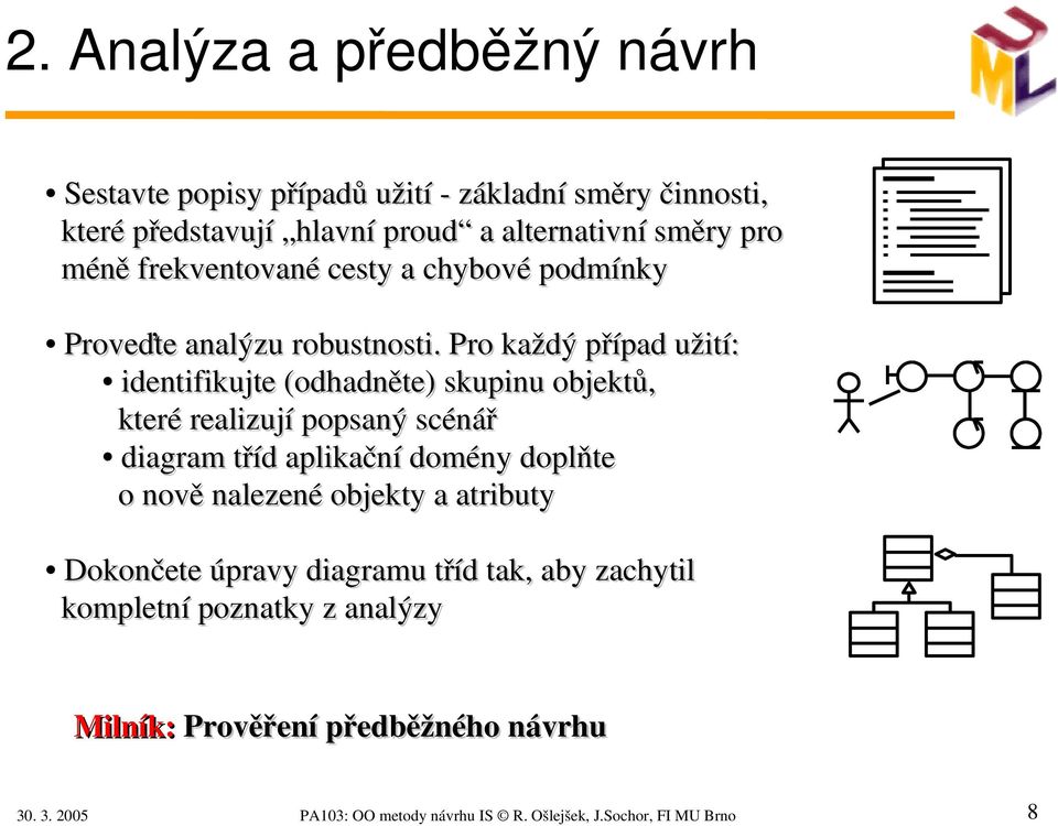 Pro každý případ užití: identifikujte (odhadněte) skupinu objektů, které realizují popsaný scénář diagram tříd aplikační domény doplňte o nově