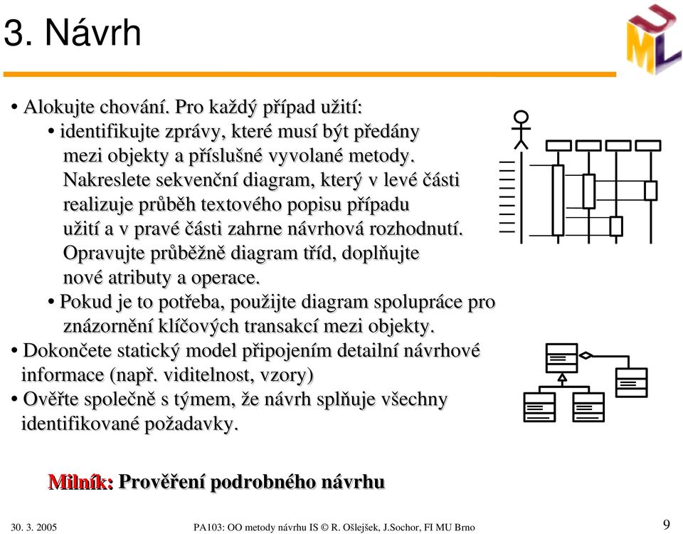 Opravujte průběžně diagram tříd, doplňujte nové atributy a operace. Pokud je to potřeba, použijte diagram spolupráce pro znázornění klíčových transakcí mezi objekty.