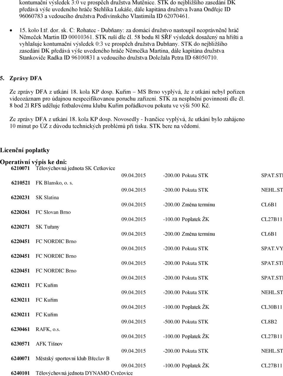 dor. sk. C: Rohatec - Dubňany: za domácí družstvo nastoupil neoprávněně hráč Němeček Martin ID 00010361. STK ruší dle čl.