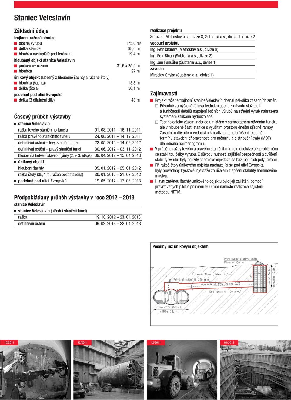 výstavby stanice Veleslavín ražba levého staničního tunelu 01. 08. 2011 16. 11. 2011 ražba pravého staničního tunelu 24. 08. 2011 14. 12. 2011 definitivní ostění levý staniční tunel 22. 05. 2012 14.