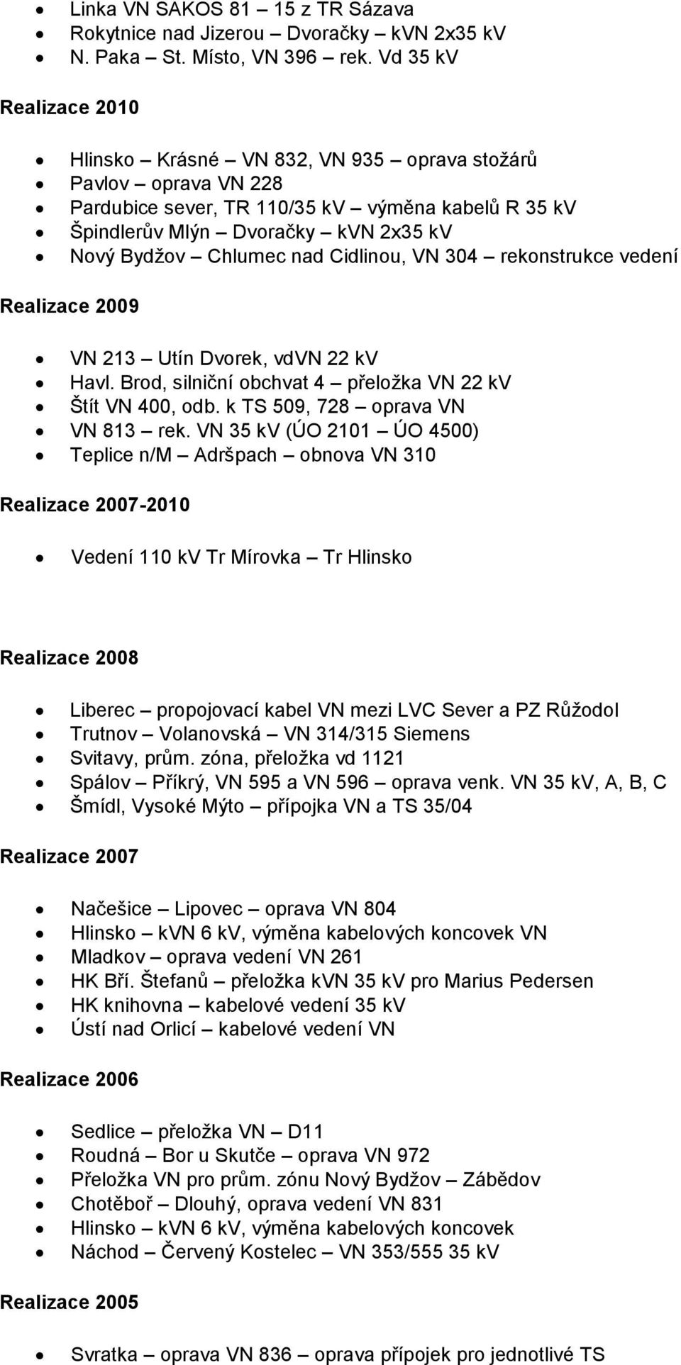 nad Cidlinou, VN 304 rekonstrukce vedení Realizace 2009 VN 213 Utín Dvorek, vdvn 22 kv Havl. Brod, silniční obchvat 4 přeložka VN 22 kv Štít VN 400, odb. k TS 509, 728 oprava VN VN 813 rek.