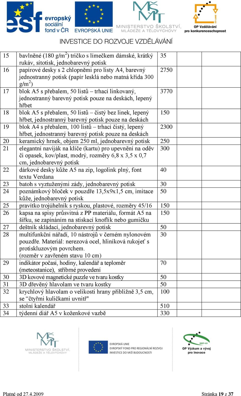 barevný potisk pouze na deskách 19 blok A4 s přebalem, 100 listů trhací čistý, lepený 2300 hřbet, jednostranný barevný potisk pouze na deskách 20 keramický hrnek, objem 250 ml, 250 21 elegantní