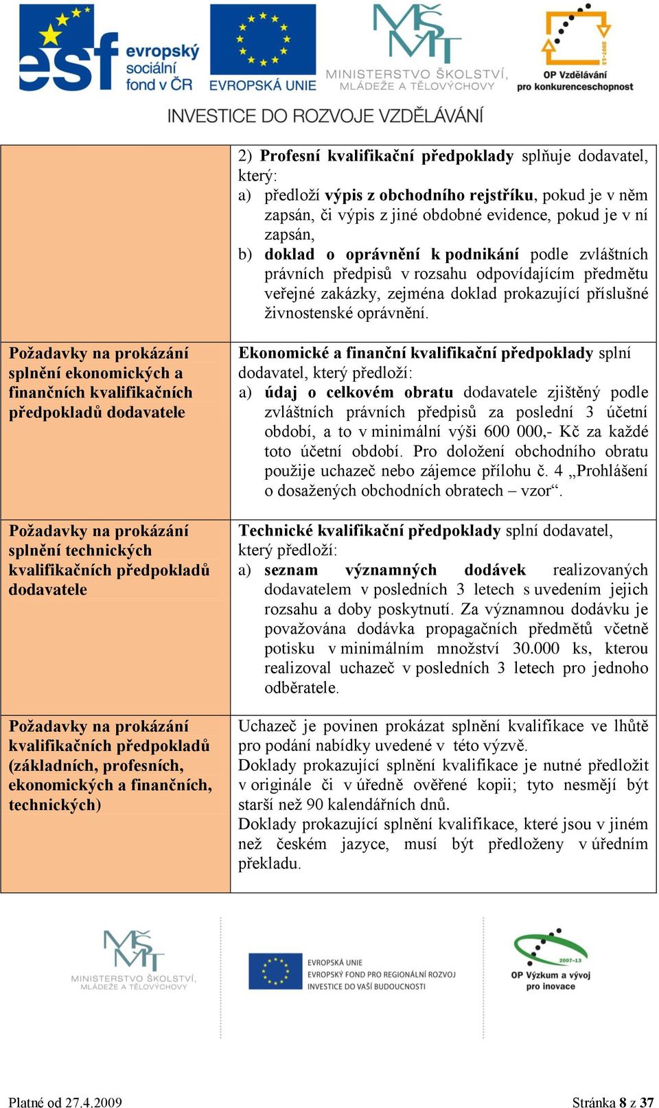 Požadavky na prokázání splnění ekonomických a finančních kvalifikačních předpokladů dodavatele Požadavky na prokázání splnění technických kvalifikačních předpokladů dodavatele Požadavky na prokázání