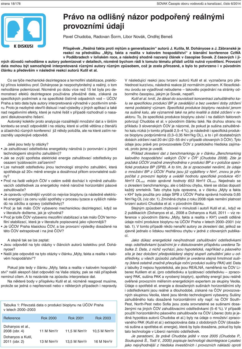 Zábranské je reakcí na přednášku Mýty, fakta a realita v kalovém hospodářství z bienální konference CzWA v Poděbradech v loňském roce, a následný shodně nazvaný článek v časopise Sovak.