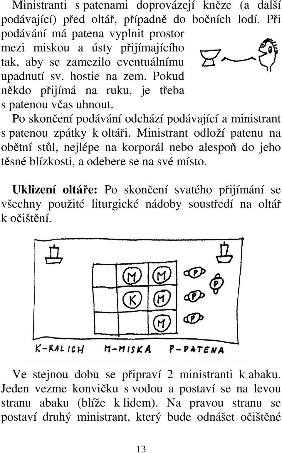 Po skončení podávání odchází podávající a ministrant s patenou zpátky k oltáři.