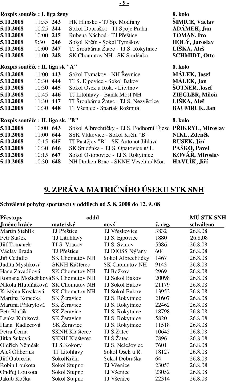 liga sk "A" 8. kolo 5.10.2008 11:00 443 Sokol Tymákov - NH Řevnice MÁLEK, Josef 5.10.2008 10:30 444 TJ S. Ejpovice - Sokol Bakov MÁLEK, Jan 5.10.2008 10:30 445 Sokol Osek u Rok.