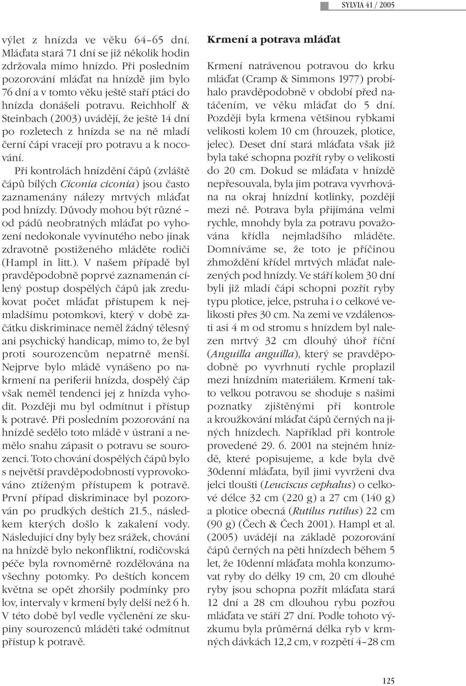 Reichholf & Steinbach (2003) uvádějí, že ještě 14 dní po rozletech z hnízda se na ně mladí černí čápi vracejí pro potravu a k nocování.