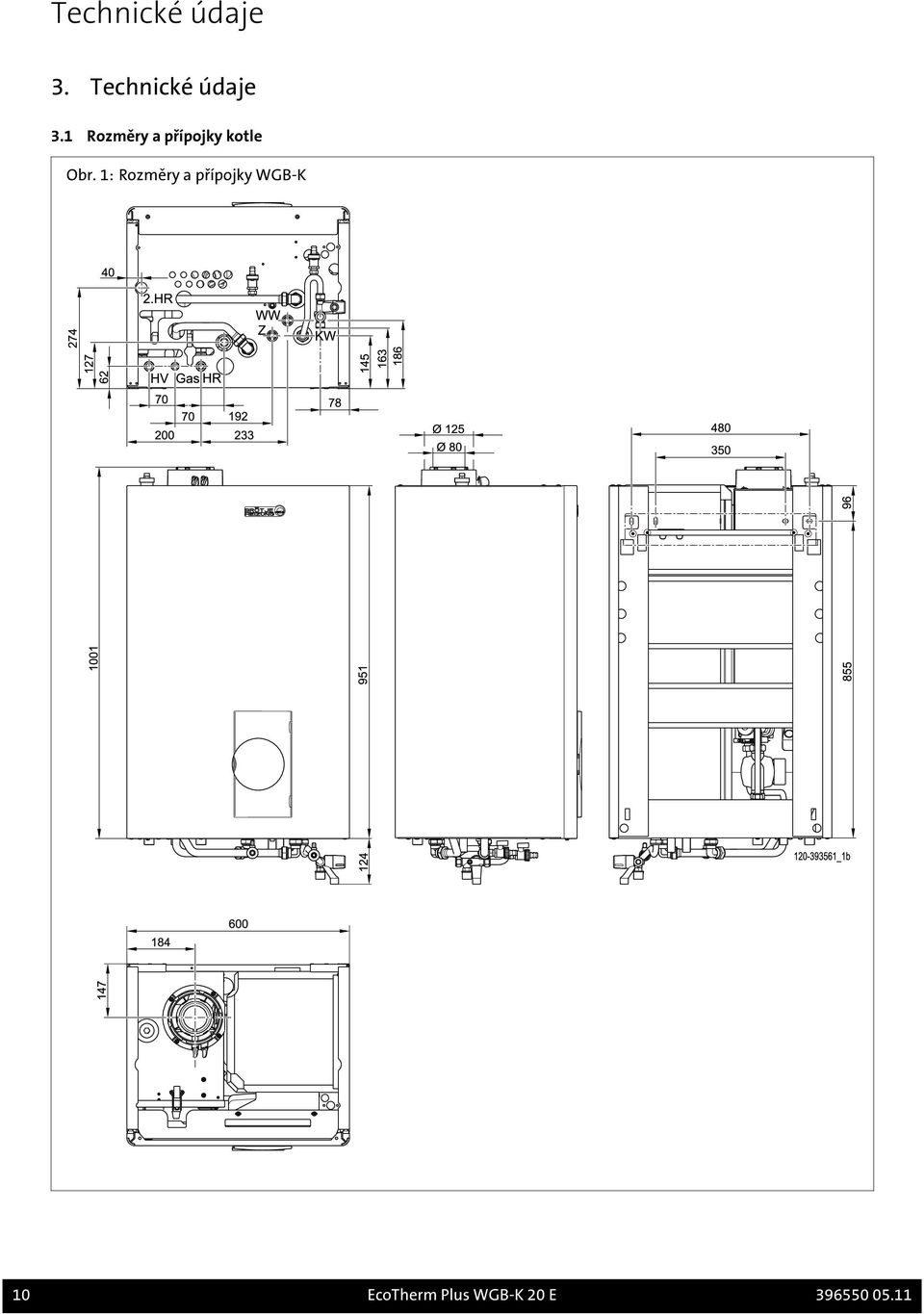 1: Rozměry a přípojky WGB-K 10
