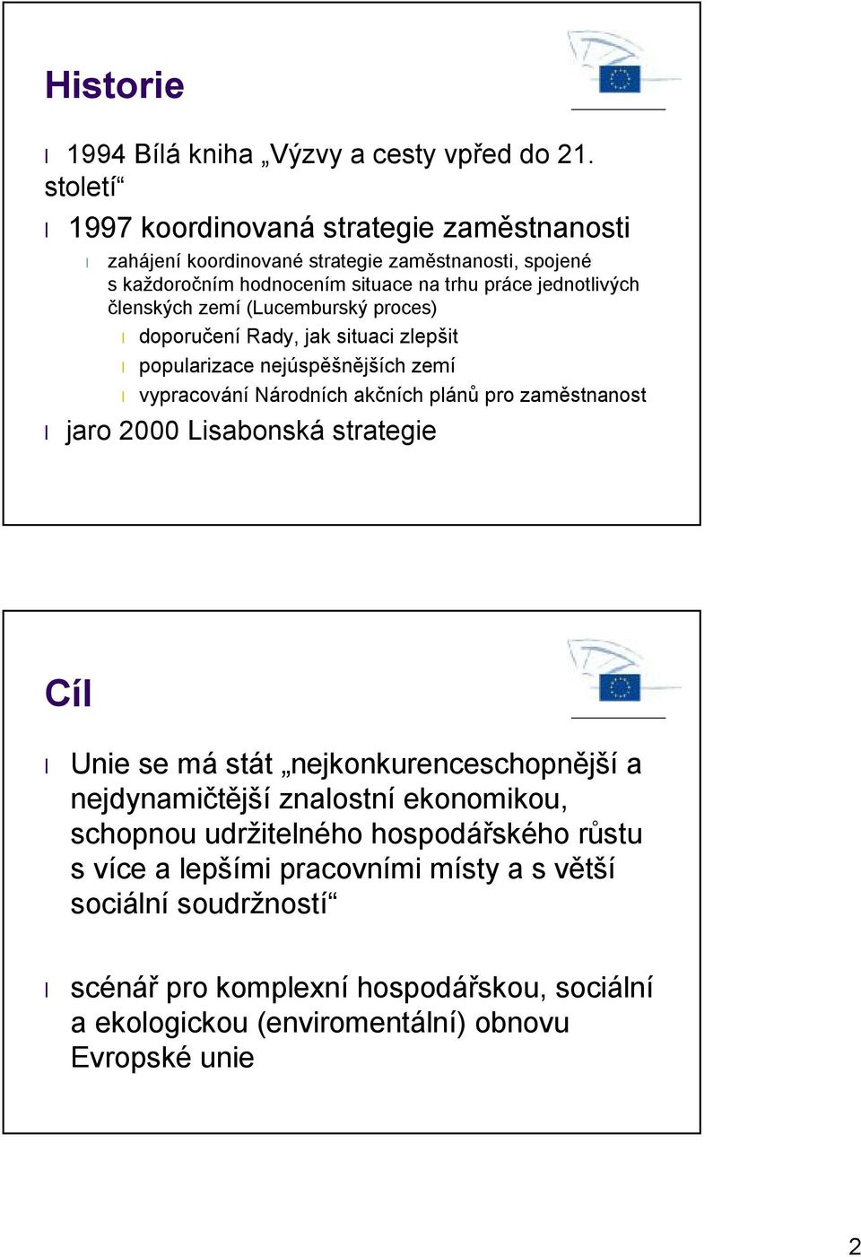 zemí (Lucemburský proces) doporučení Rady, jak situaci zlepšit popularizace nejúspěšnějších zemí vypracování Národních akčních plánů pro zaměstnanost jaro 2000 Lisabonská