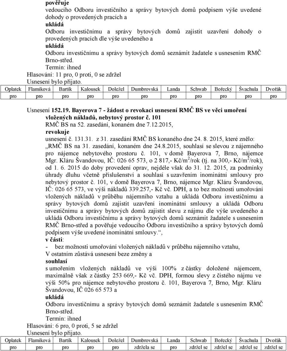 Bayerova 7 - žádost o revokaci usnesení RMČ BS ve věci umoření vložených nákladů, nebytový prostor č. 101 revokuje usnesení č. 131.31. z 31. zasedání RMČ BS konaného dne 24. 8.