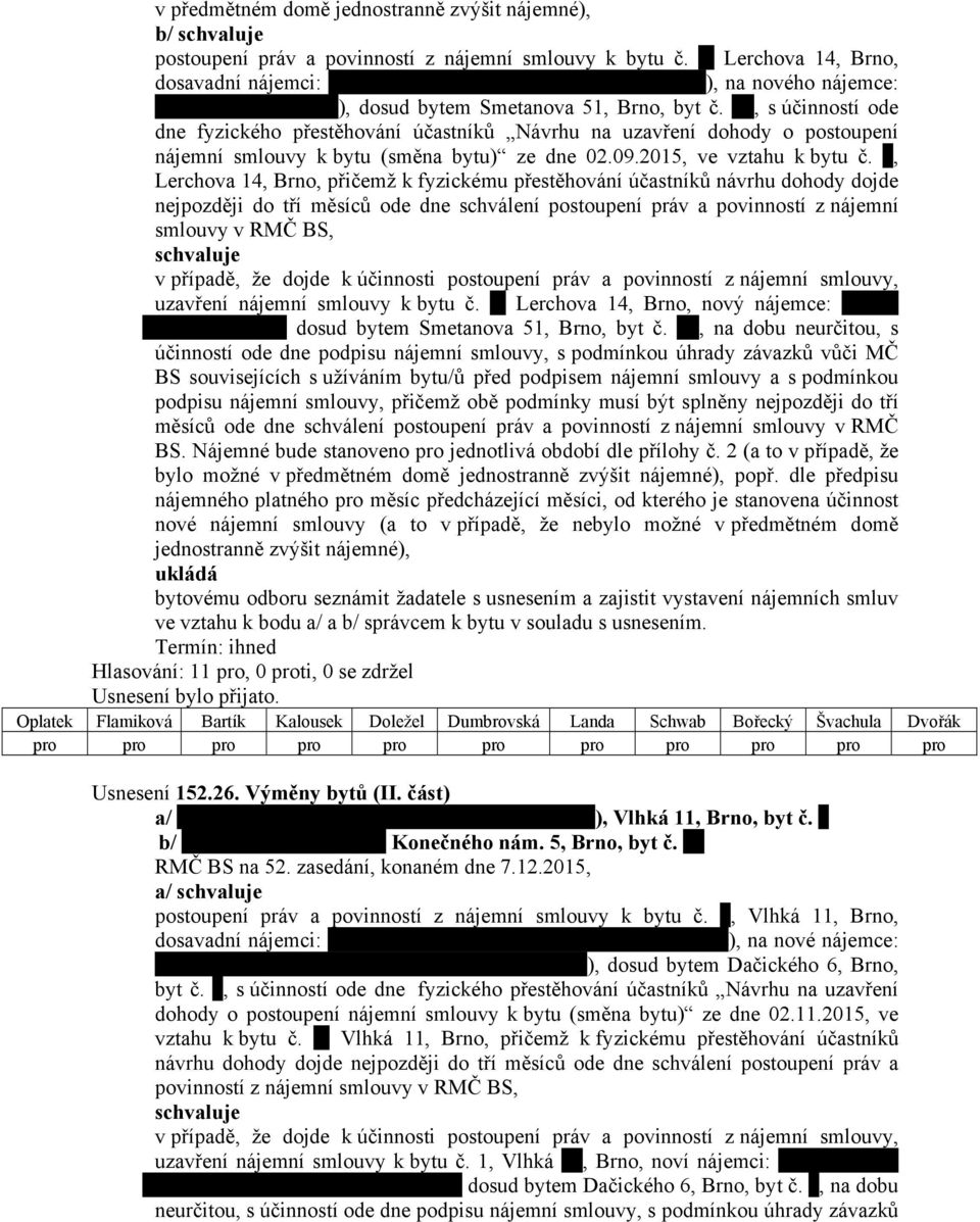 , s účinností ode dne fyzického přestěhování účastníků Návrhu na uzavření dohody o postoupení nájemní smlouvy k bytu (směna bytu) ze dne 02.09.2015, ve vztahu k bytu č.