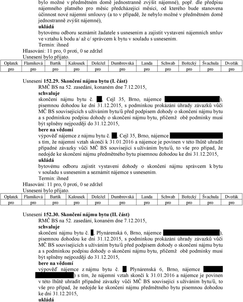 nájemné), bytovému odboru seznámit žadatele s usnesením a zajistit vystavení nájemních smluv ve vztahu k bodu a/ až c/ správcem k bytu v souladu s usnesením. Usnesení 152.29. Skončení nájmu bytu (I.