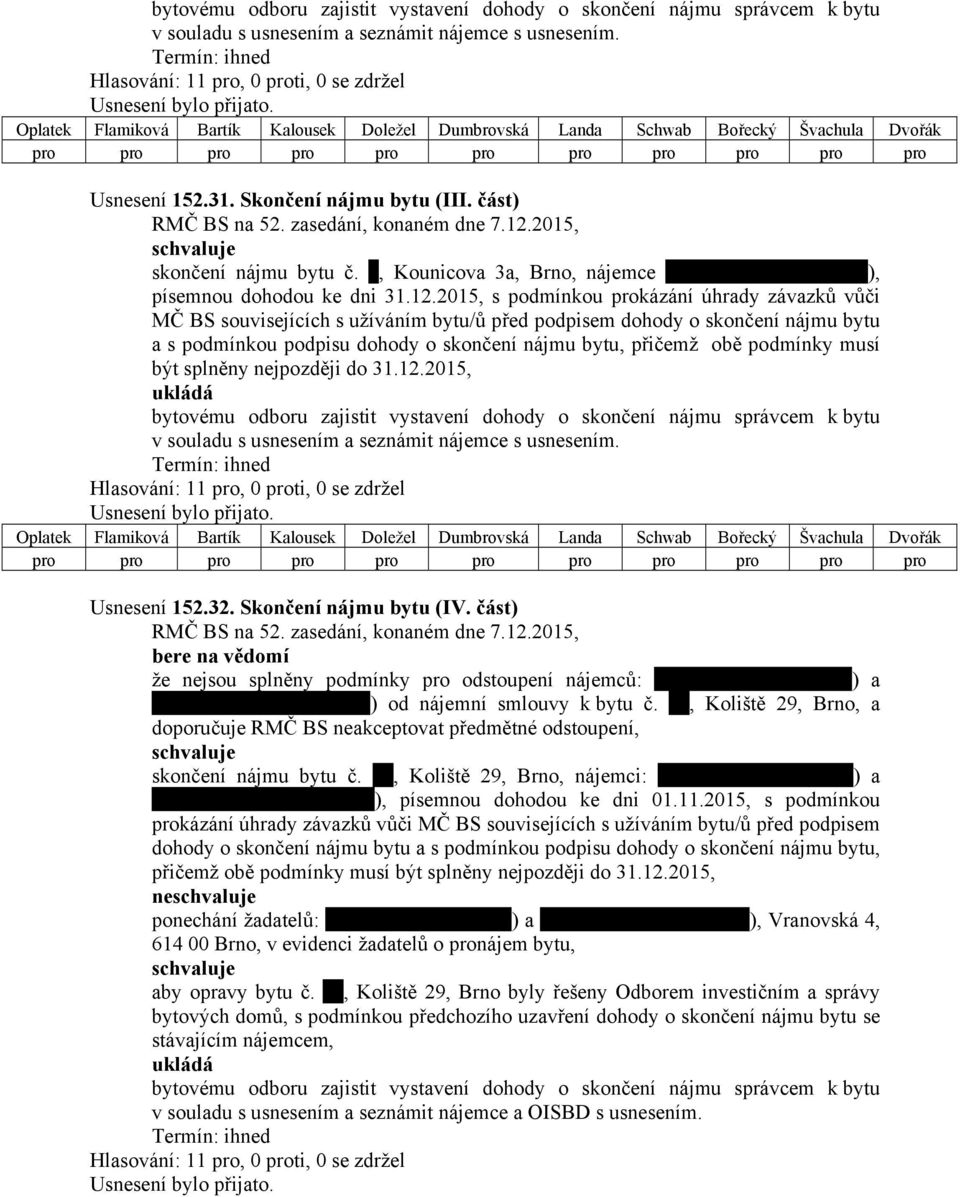 2015, s podmínkou prokázání úhrady závazků vůči MČ BS souvisejících s užíváním bytu/ů před podpisem dohody o skončení nájmu bytu a s podmínkou podpisu dohody o skončení nájmu bytu, přičemž obě