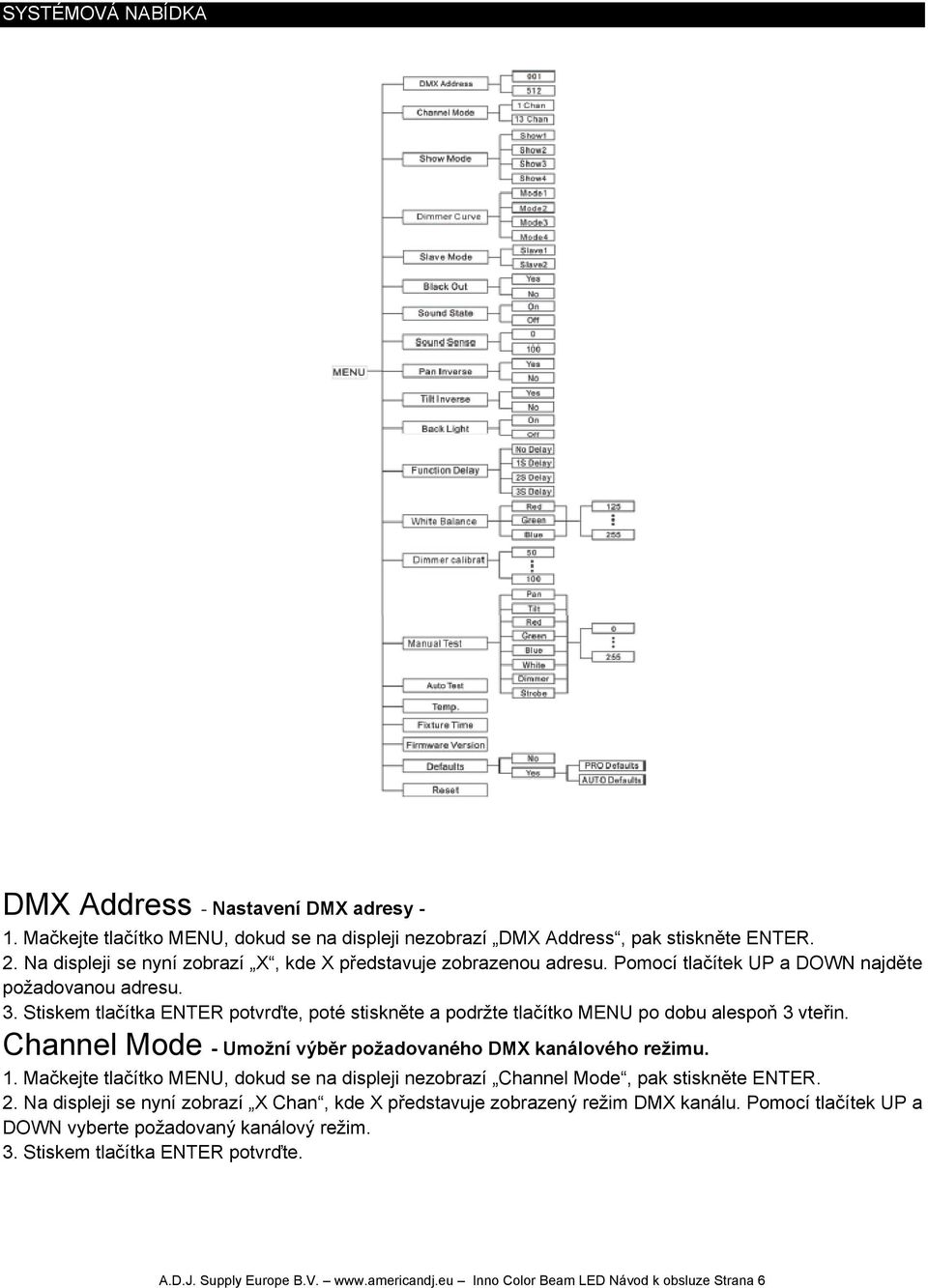 Stiskem tlačítka ENTER potvrďte, poté stiskněte a podržte tlačítko MENU po dobu alespoň 3 vteřin. Channel Mode - Umožní výběr požadovaného DMX kanálového režimu. 1.