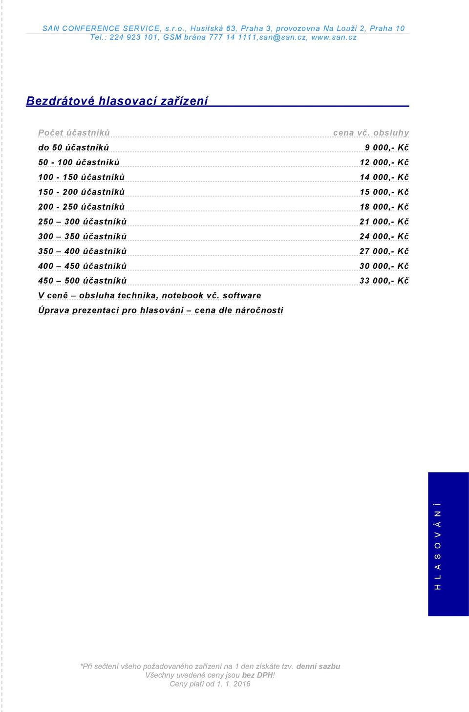 000,- Kč 200-250 účastníků 18 000,- Kč 250 300 účastníků 21 000,- Kč 300 350 účastníků 24 000,- Kč 350 400 účastníků