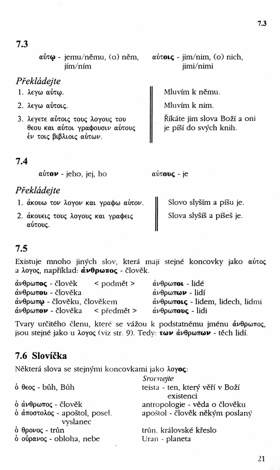 αύτους - je Slovo slyším a píšu je. Slova slyšíš a píšeš je. 7.5 Existuje mnoho jiných slov, která n taji stejné koncovky jako αύτος a λογος, například: άνθρωπος - člověk.