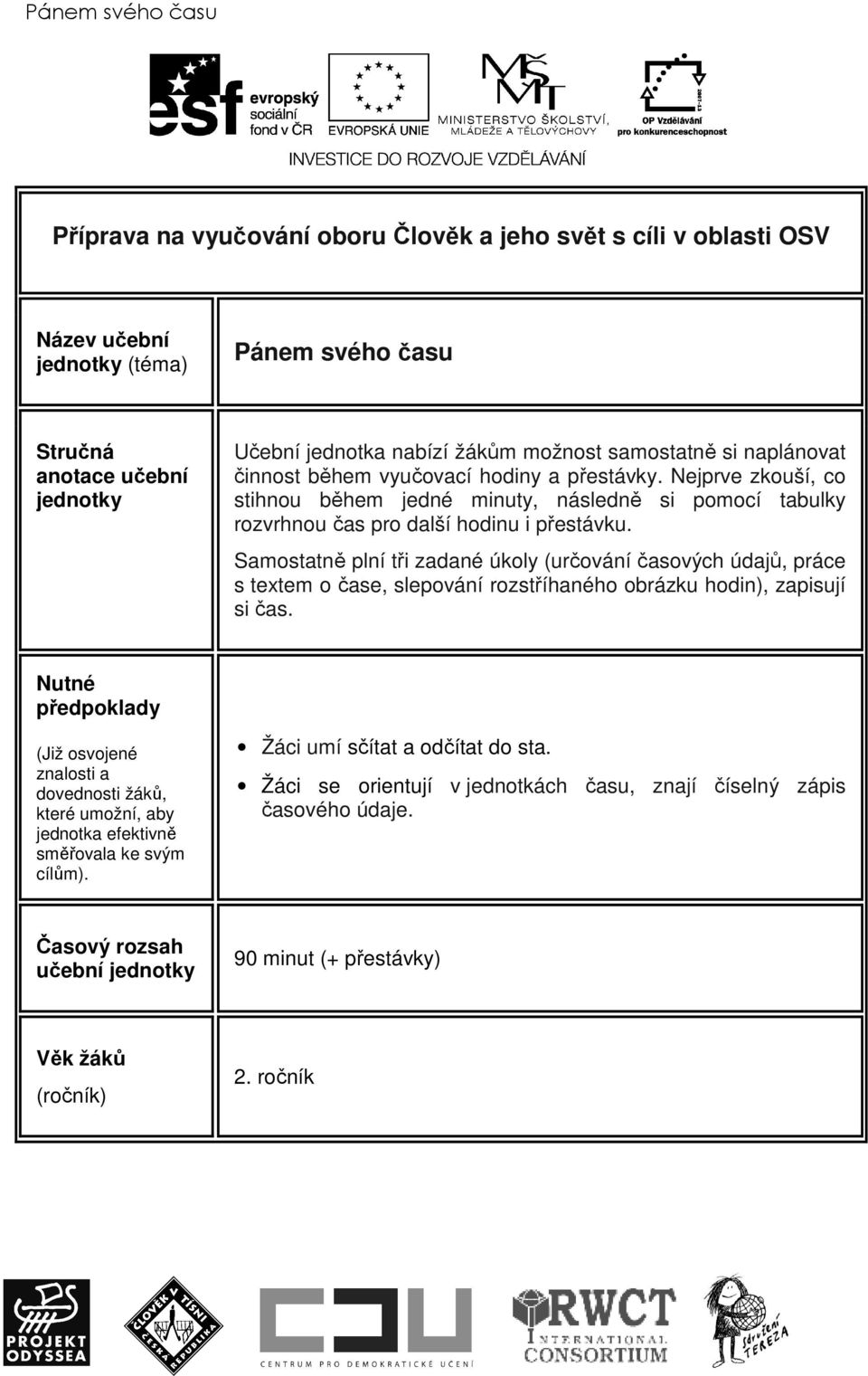 Samostatně plní tři zadané úkoly (určování časových údajů, práce s textem o čase, slepování rozstříhaného obrázku hodin), zapisují si čas.