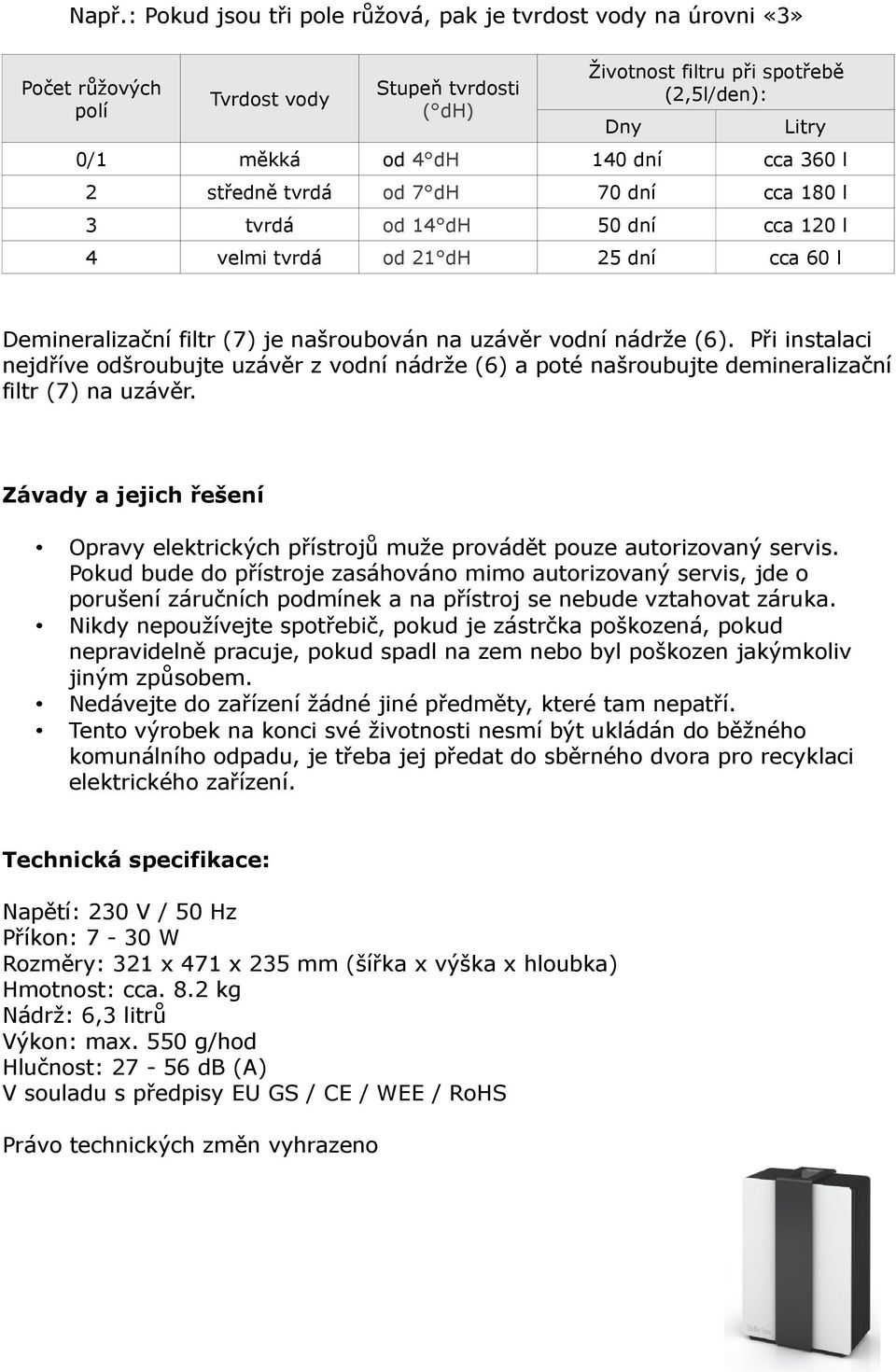 Při instalaci nejdříve odšroubujte uzávěr z vodní nádrže (6) a poté našroubujte demineralizační filtr (7) na uzávěr.