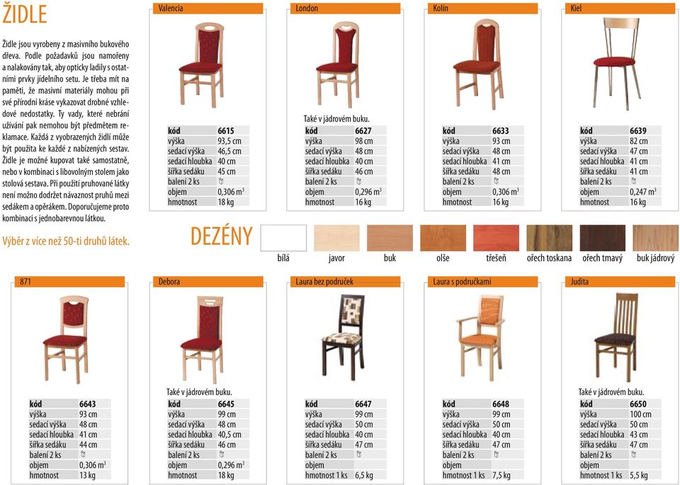 Každá z vyobrazených židlí může být použita ke každé z nabízených sestav. Židle je možné kupovat také samostatně, nebo v kombinaci s libovolným stolem jako stolová sestava.
