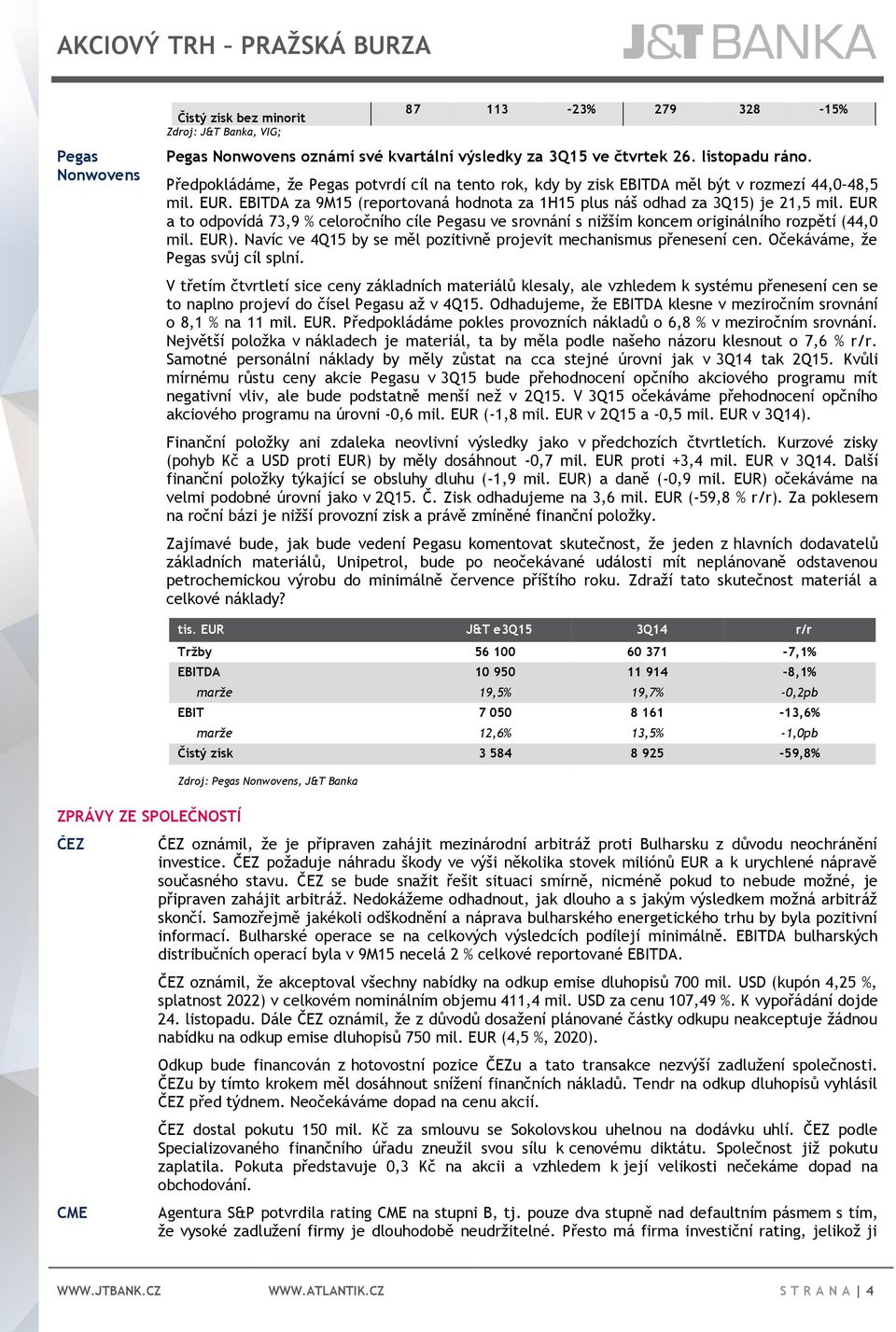 EUR a to odpovídá 73,9 % celoročního cíle Pegasu ve srovnání s nižším koncem originálního rozpětí (44,0 mil. EUR). Navíc ve 4Q15 by se měl pozitivně projevit mechanismus přenesení cen.