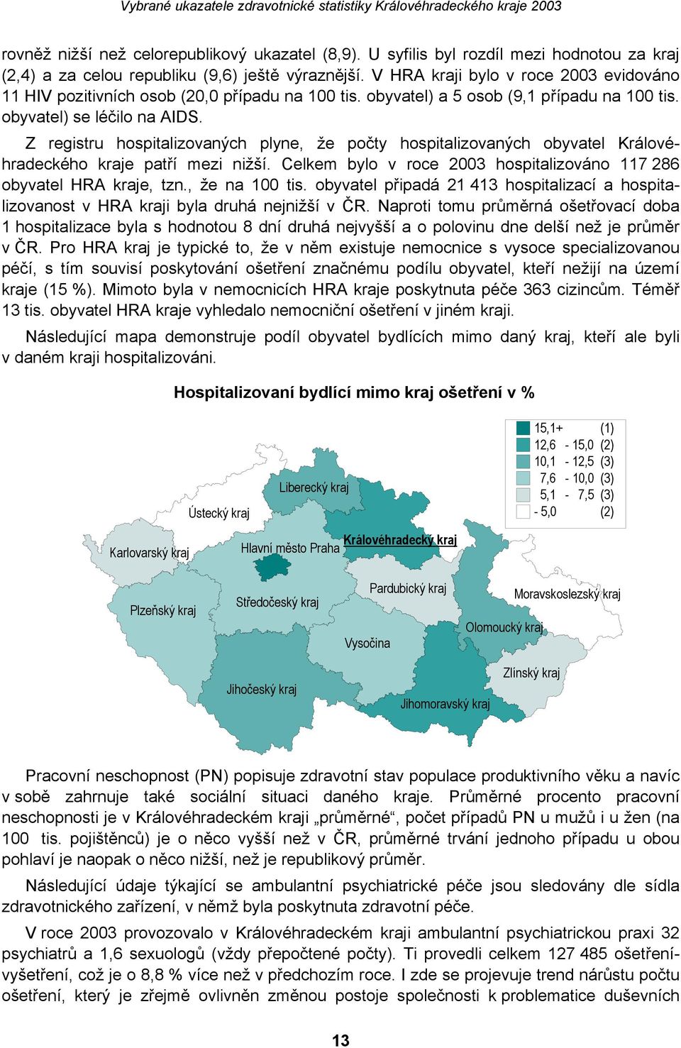 Z registru hospitalizovaných plyne, že počty hospitalizovaných obyvatel Královéhradeckého kraje patří mezi nižší. Celkem bylo v roce 2003 hospitalizováno 117 286 obyvatel HRA kraje, tzn.