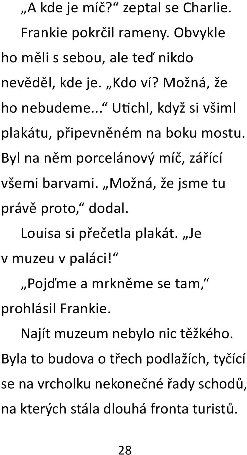 Možná, že jsme tu právě proto, dodal. Louisa si přečetla plakát. Je v muzeu v paláci! Pojďme a mrkněme se tam, prohlásil Frankie.