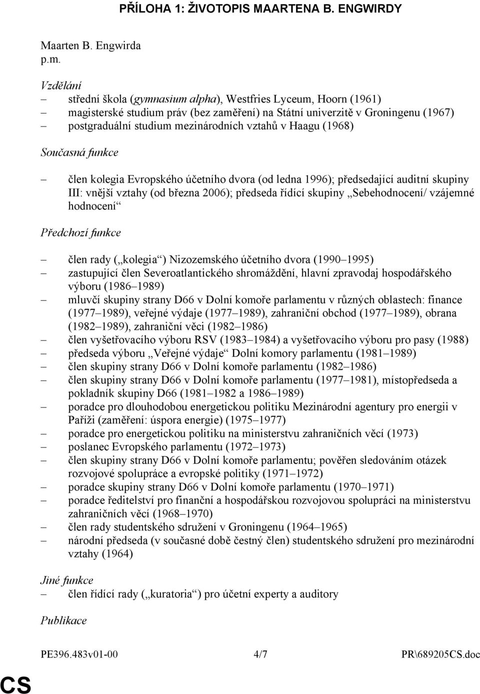 Haagu (1968) Současná funkce člen kolegia Evropského účetního dvora (od ledna 1996); předsedající auditní skupiny III: vnější vztahy (od března 2006); předseda řídící skupiny Sebehodnocení/ vzájemné